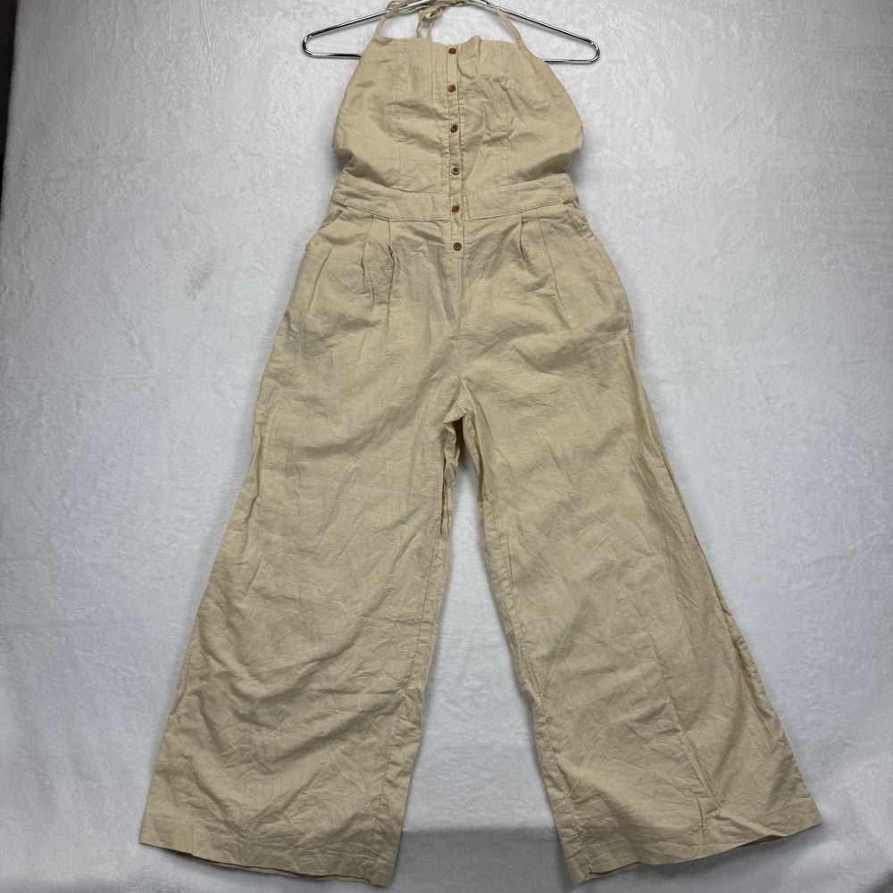 Etophe Studios Halter Jumpsuit Wide Leg Button Front Linen blend Casual Beige‎ M